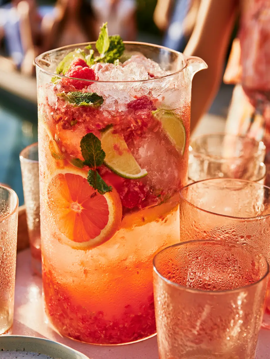 Close up of crushed crystalline ice and fresh mint garnishing pool cocktails in a sunlight setting.
