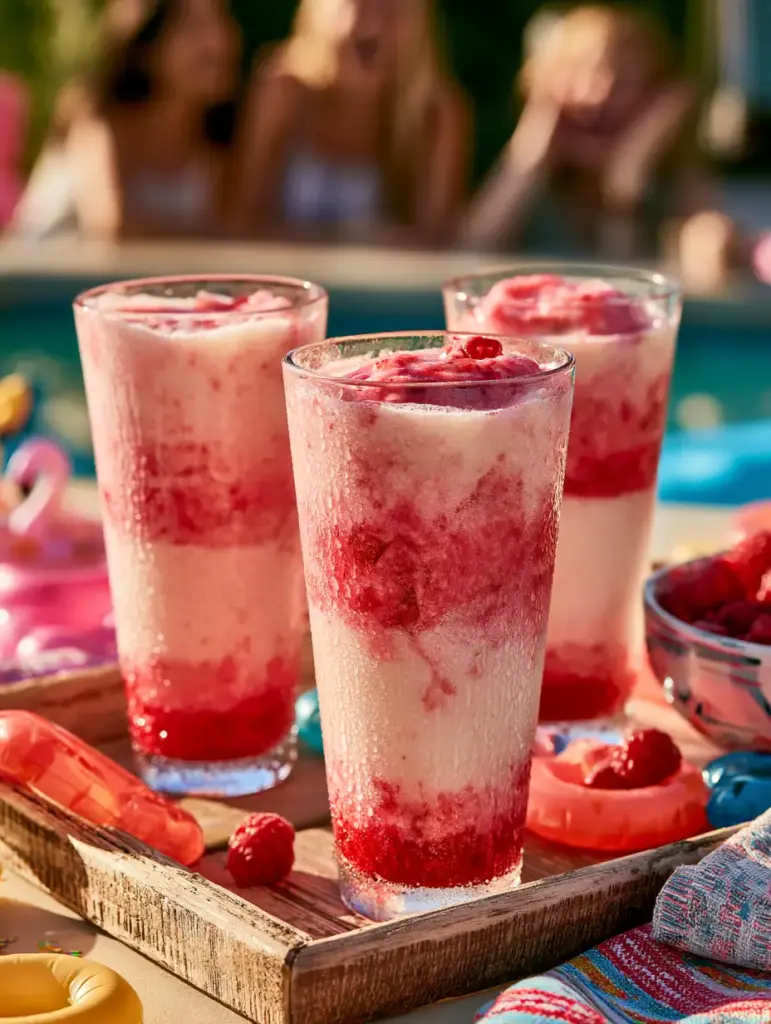 The Ultimate Raspberry Colada Twist: A Layered Tropical Masterpiece 2 Extreme detail of icy raspberry puree seeds and frothy pink foam on a Raspberry Colada Twist.