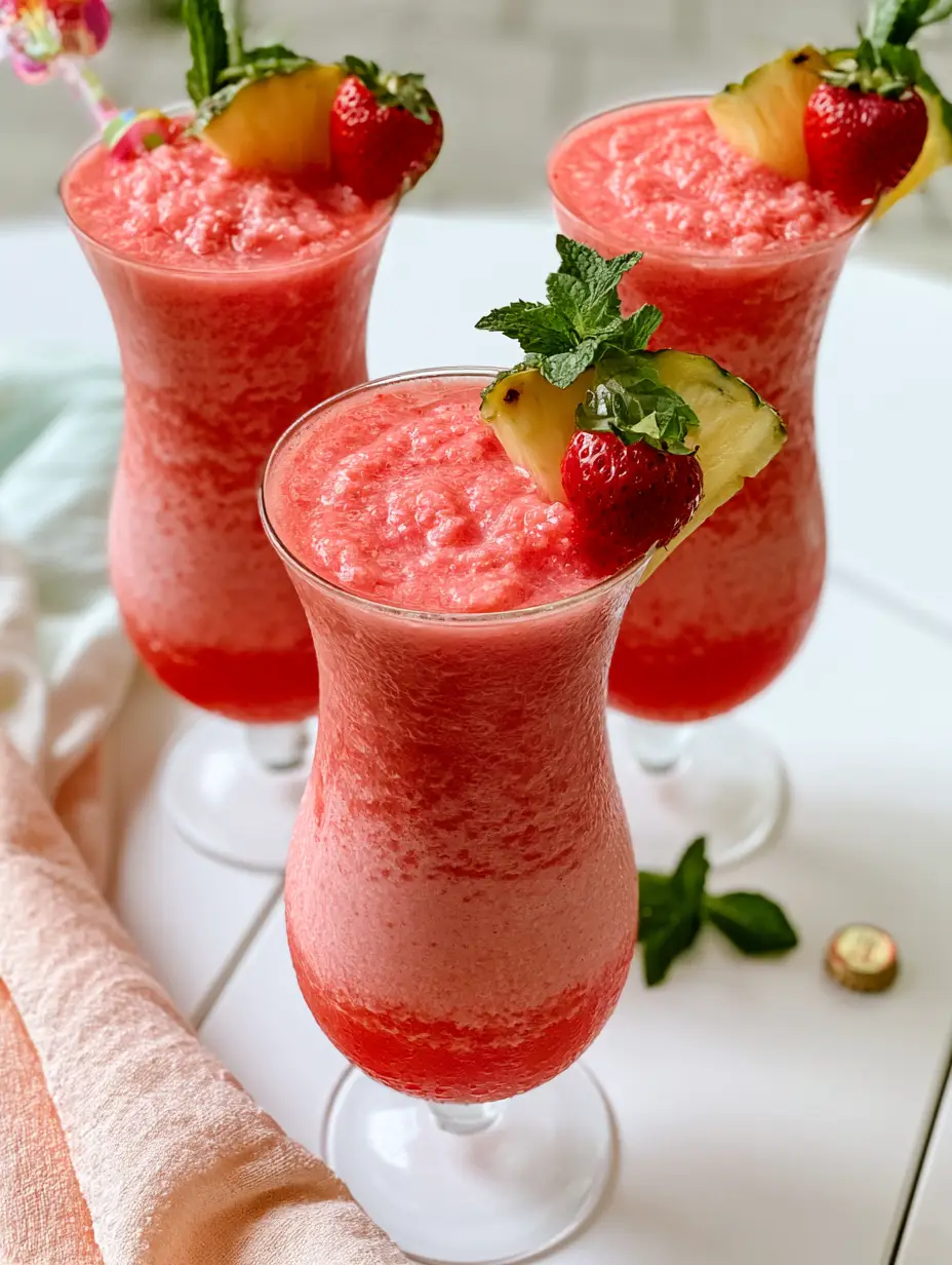 Strawberry Colada: The Ultimate Layered Frozen Tropical Treat 3 Close-up of the slushy red strawberry layer with visible seeds in a frosted glass. (strawberry colada)