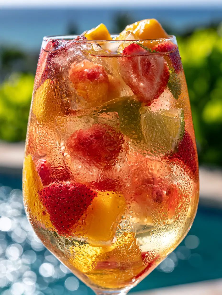 Close-up of a clear glass pitcher filled with Strawberry Mango Sangria showing vibrant fruit layers and fine condensation droplets.