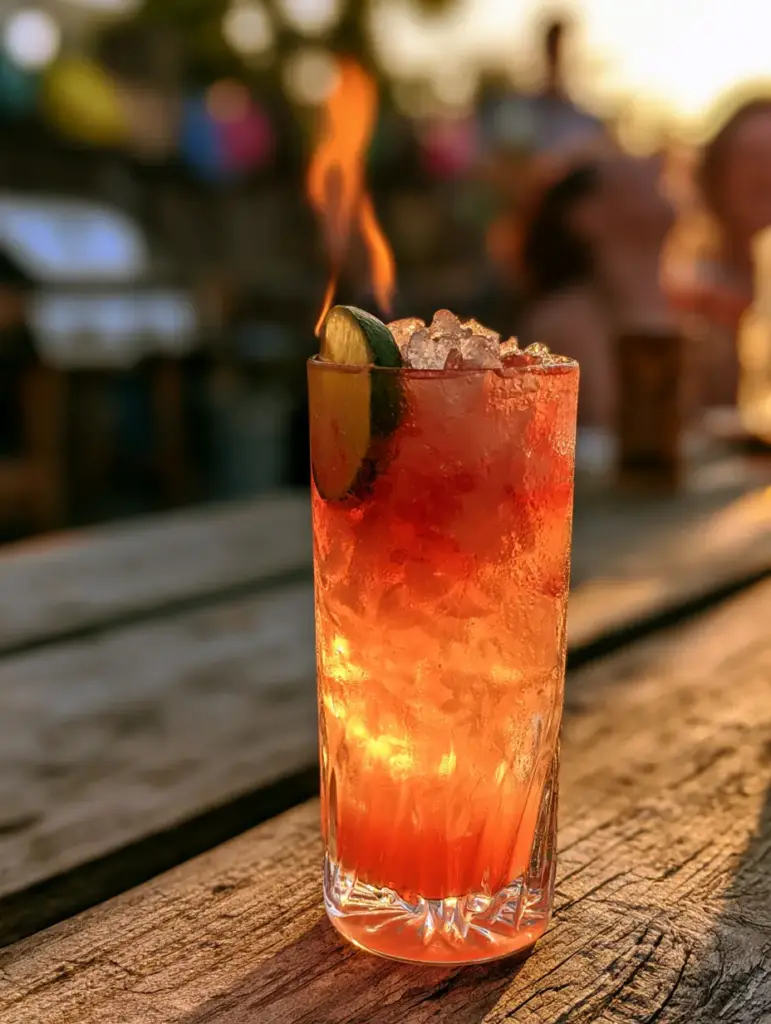 The Tiki Torch Cocktail: A Flaming Tropical Masterpiece for Golden Hour 1 Overhead view of The Tiki Torch cocktail showing the smoking cinnamon and flaming lime shell.