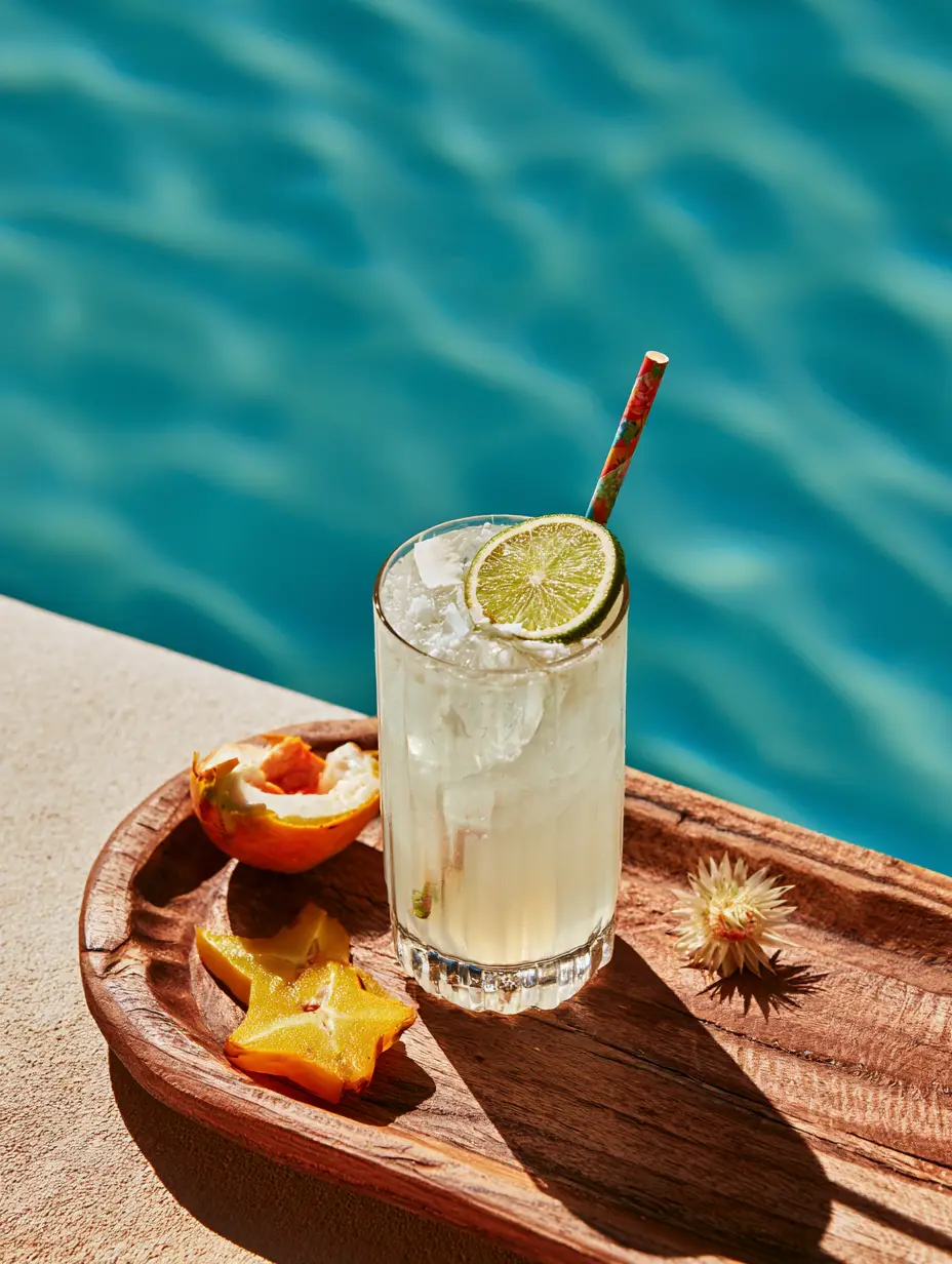 Close up of crystal clear ice cubes and lime wheels in a Coconut Spritz glass. (Coconut Spritz)