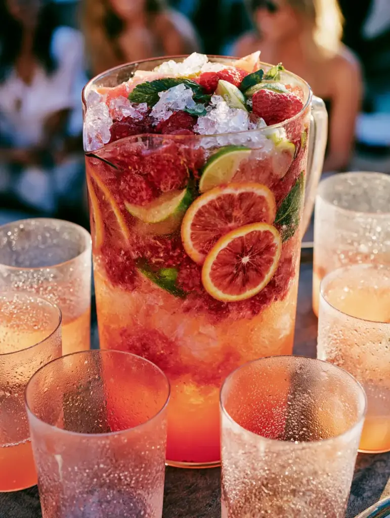 Thinly sliced Cara Cara oranges pressed against a frosted glass tumbler filled with pink pool cocktails.