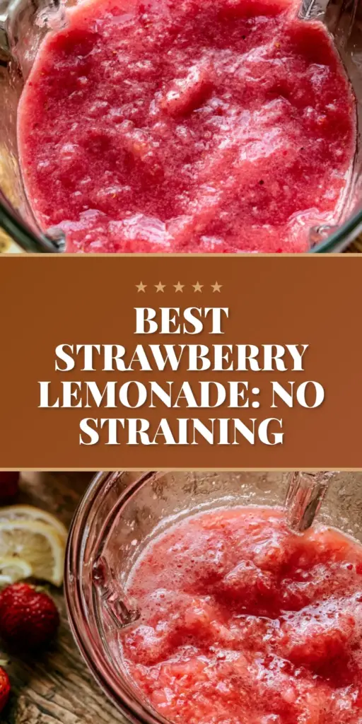 Strawberry Lemonade Recipe: The Ultimate Fresh and Pulpy Summer Refresher 3 An extreme close-up of a tall, frosted glass filled with a vibrant pink strawberry lemonade recipe, featuring visible thick strawberry pulp swirls, bright yellow lemon wheels submerged in ice, and a fresh green mint garnish on a sun-drenched patio.