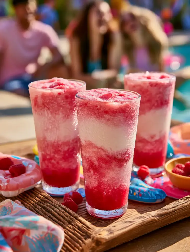 The Ultimate Raspberry Colada Twist: A Layered Tropical Masterpiece 1 A close up of a Raspberry Colada Twist with heavy condensation on the glass and golden hour sunlight.