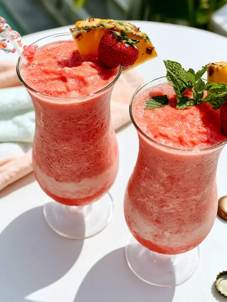 Strawberry Colada: The Ultimate Layered Frozen Tropical Treat 1 A top-down view of the coconut cream layer and fresh mint garnish of a strawberry colada.