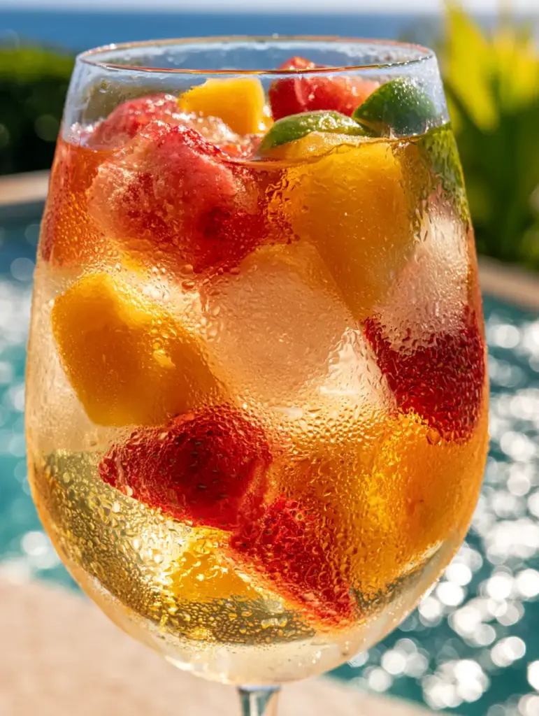 Handheld photo of Strawberry Mango Sangria in a wine glass with crystalline ice and fresh mint sprigs.