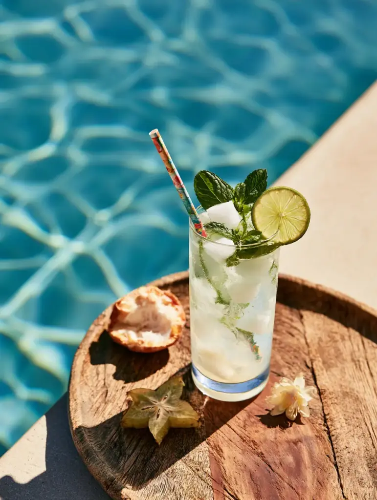 Top view of micro-shaved coconut flakes and mint on a Coconut Spritz.