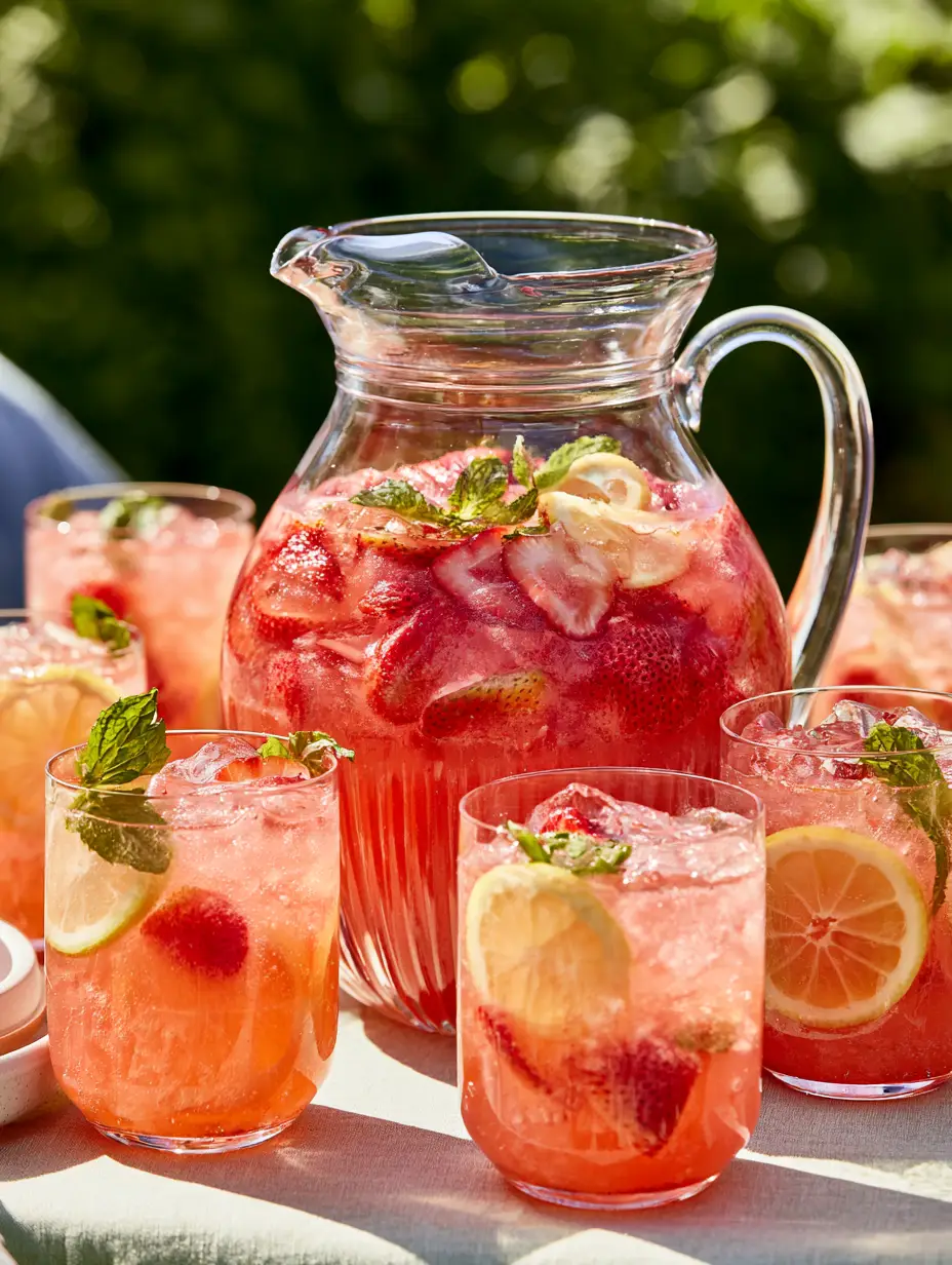 Strawberry Lemonade Recipe: The Ultimate Fresh and Pulpy Summer Refresher 4 Overhead view of fresh ingredients for a strawberry lemonade recipe including deep red strawberries and sliced yellow lemons on a neutral background.