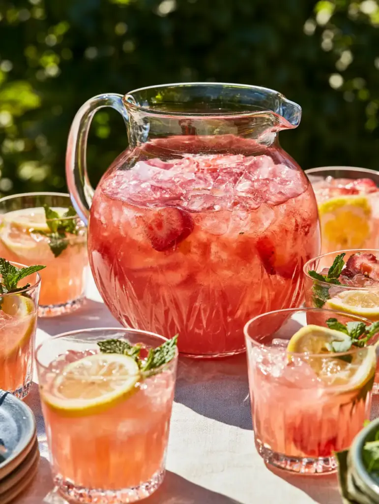 Strawberry Lemonade Recipe: The Ultimate Fresh and Pulpy Summer Refresher 1 Close-up of the thick strawberry puree being swirled into the lemon-water base for the strawberry lemonade recipe.