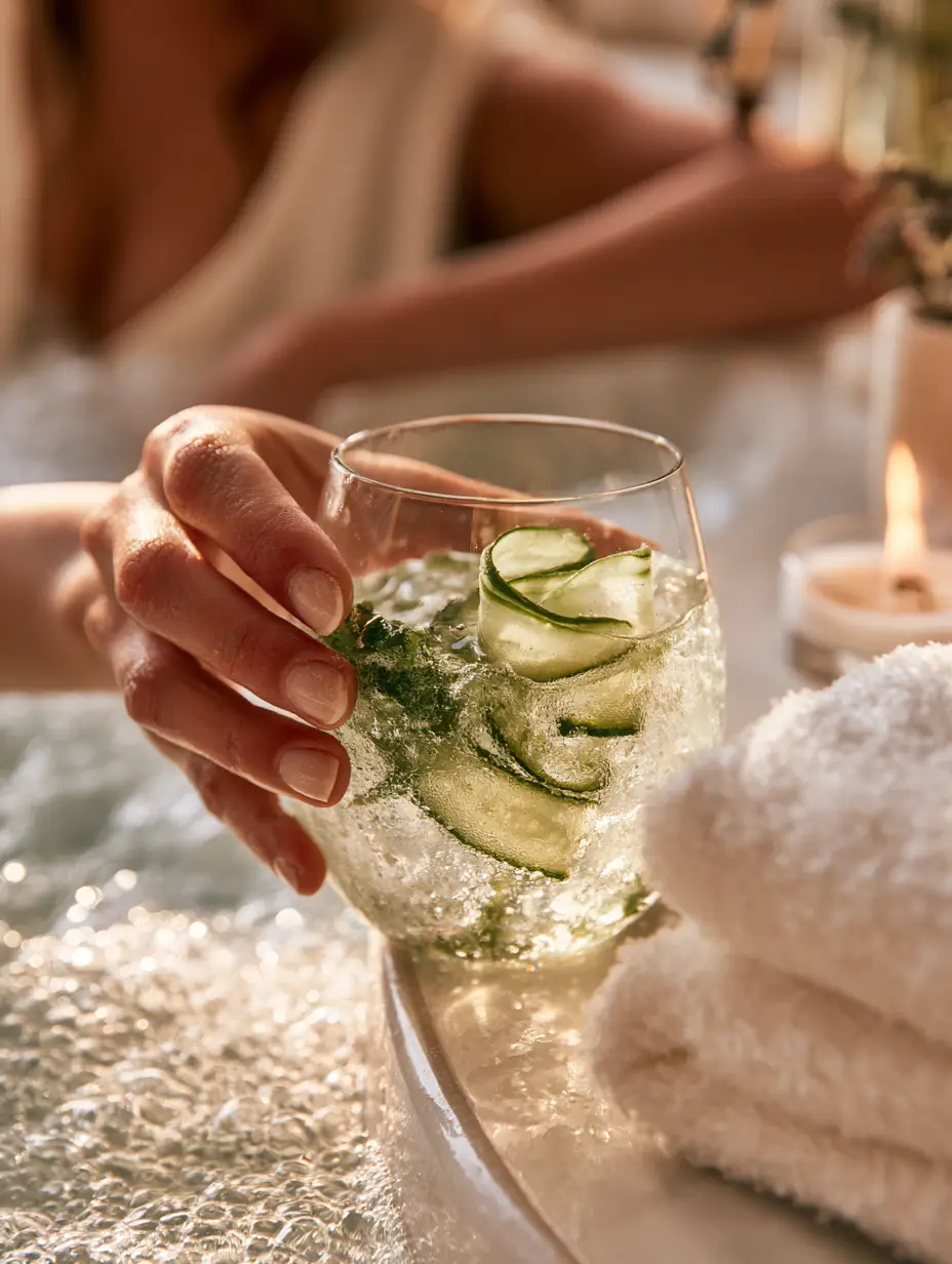 Top-down view of pale green Cucumber Punch featuring effervescent bubbles and a fresh mint sprig garnish.