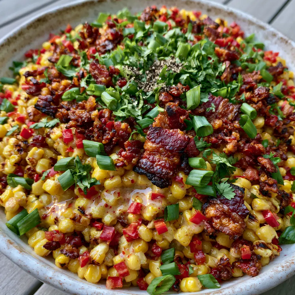Bacon and Corn Salad with Creamy Lime Dressing 2 Extreme close-up of Bacon and Corn Salad showing charred yellow kernels and extra-crispy mahogany bacon crumbles with glossy dressing. (Bacon and Corn Salad)