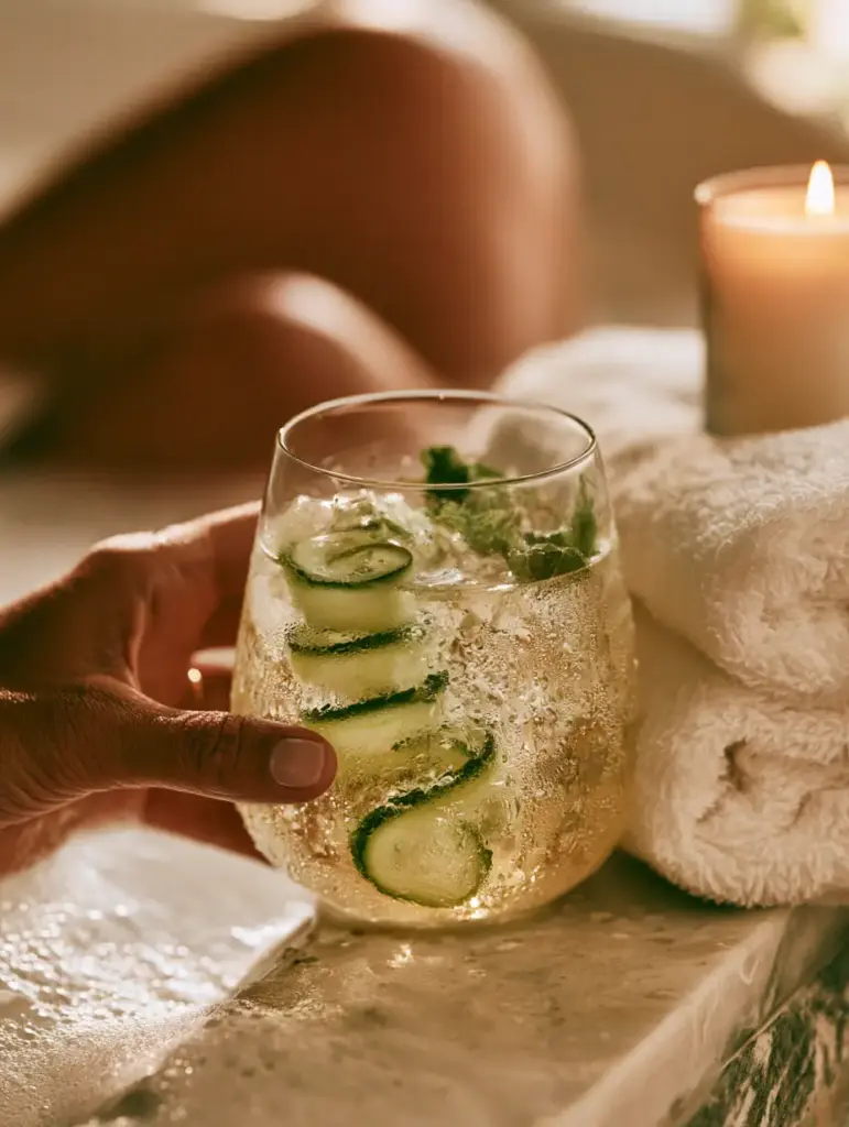 Step-by-step process showing translucent cucumber ribbons being spiraled into a crystal glass for Cucumber Punch.