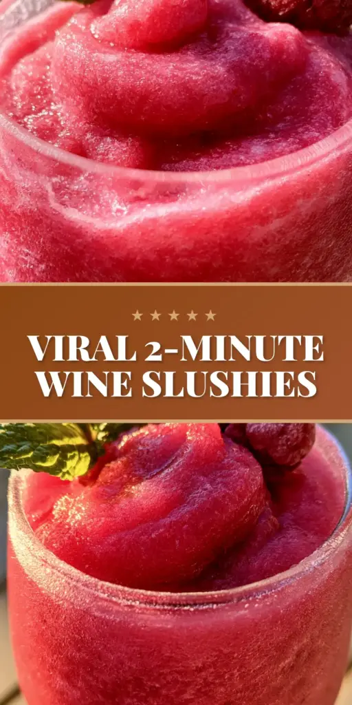 Wine Slushies with Frozen Raspberries and Moscato 3 A macro shot of fuchsia-pink wine slushies in frosted stemless glasses with mint and frosted raspberries at golden hour.