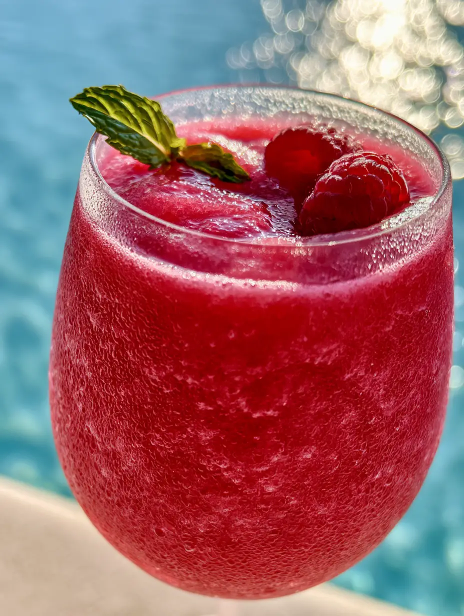 Wine Slushies with Frozen Raspberries and Moscato 4 Close up of the velvety texture of raspberry wine slushies showing glistening ice crystals.