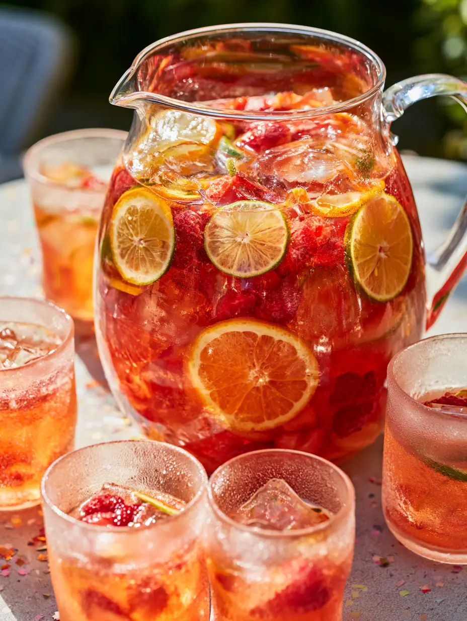 Fruity Summer Cocktail: The Ultimate Glowing Pink Nectar Refresher 3 Sparkling fruity summer cocktail with crushed ice, blood orange, and strawberries on a marble table.