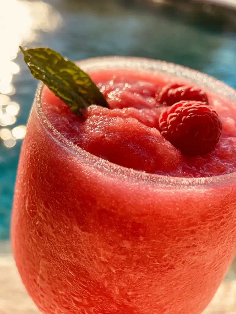 Wine Slushies with Frozen Raspberries and Moscato 1 Pouring a fuchsia Moscato slushie into a chilled elegant glass.
