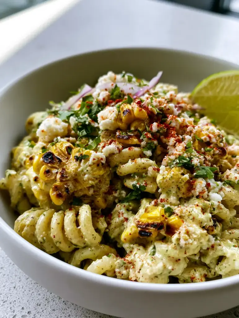 Close-up of rotini pasta coated in creamy cilantro lime dressing with cotija and red onion. (elote pasta salad)