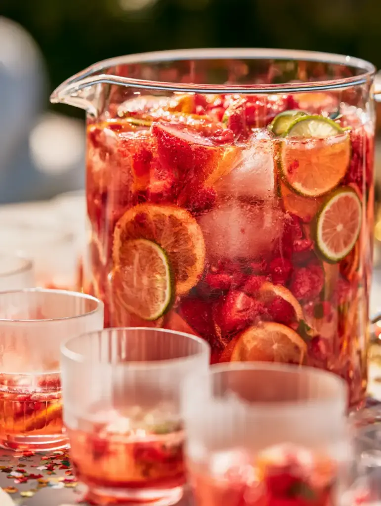 Fruity Summer Cocktail: The Ultimate Glowing Pink Nectar Refresher 1 Condensation droplets on a heavy crystal glass filled with a pink fruity summer cocktail.
