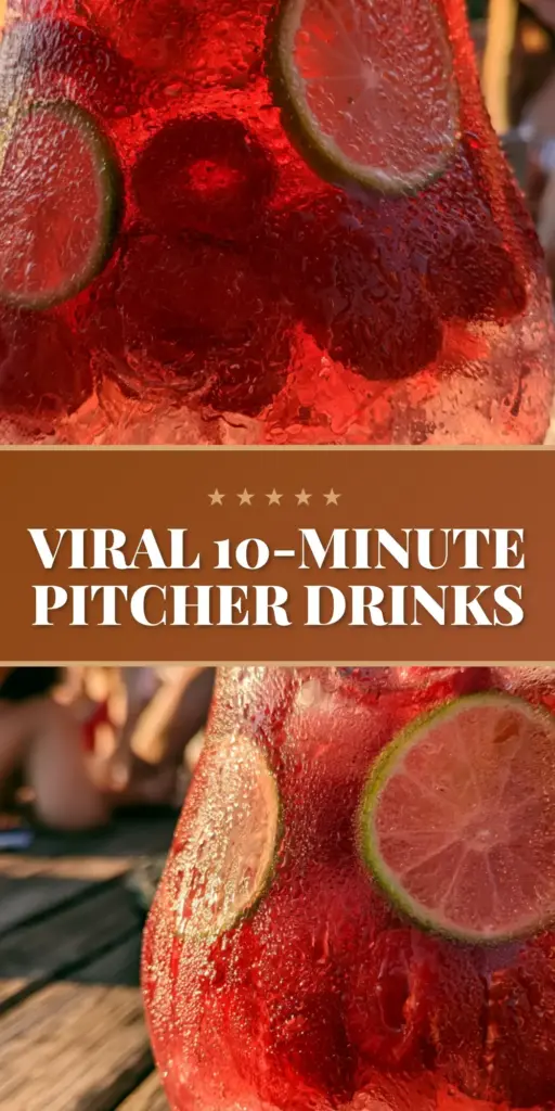Summer Batch Cocktails: The Sparkling Strawberry and Blood Orange Pitcher 4 A large sweating glass pitcher on a weathered wood table filled with summer batch cocktails, featuring amber liquid, cucumber ribbons, and blood oranges. (summer batch cocktails)