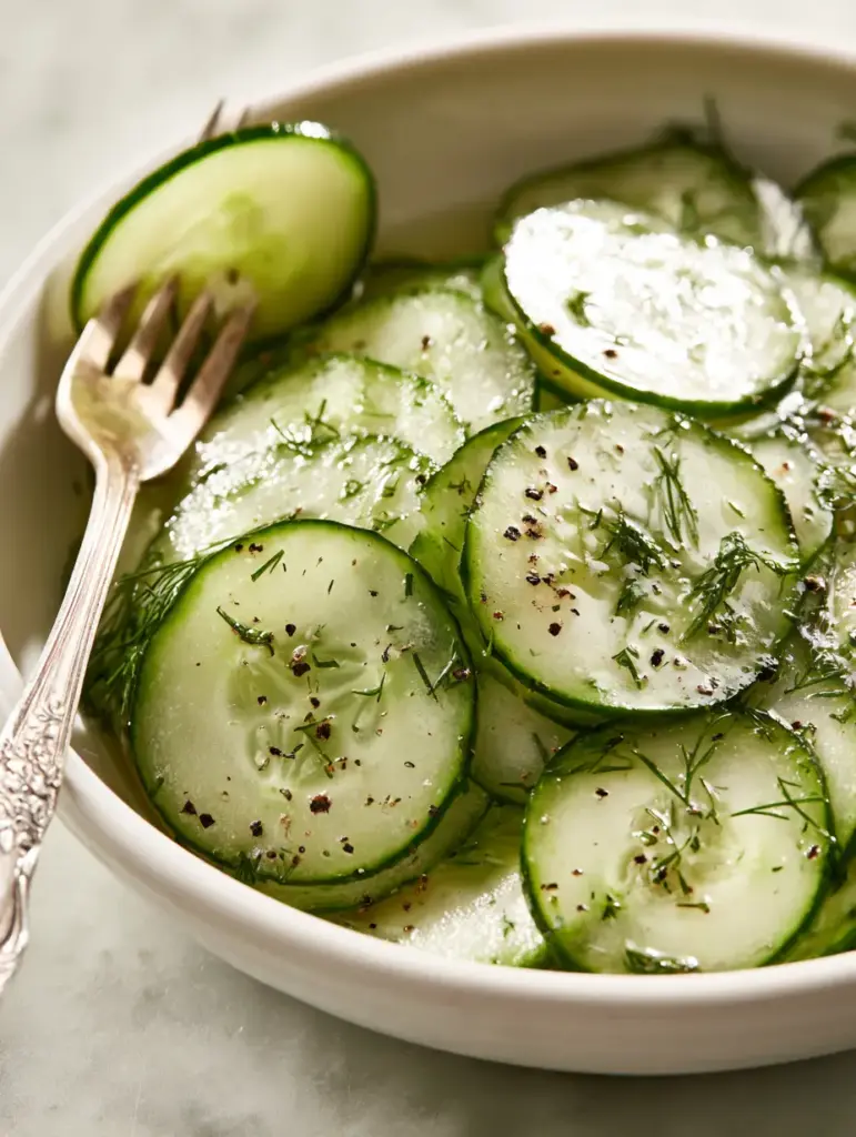 A shimmering vinegar glaze coating cucumber slices with fresh dill sprigs and cracked black peppercorns. (cucumber salad recipes)
