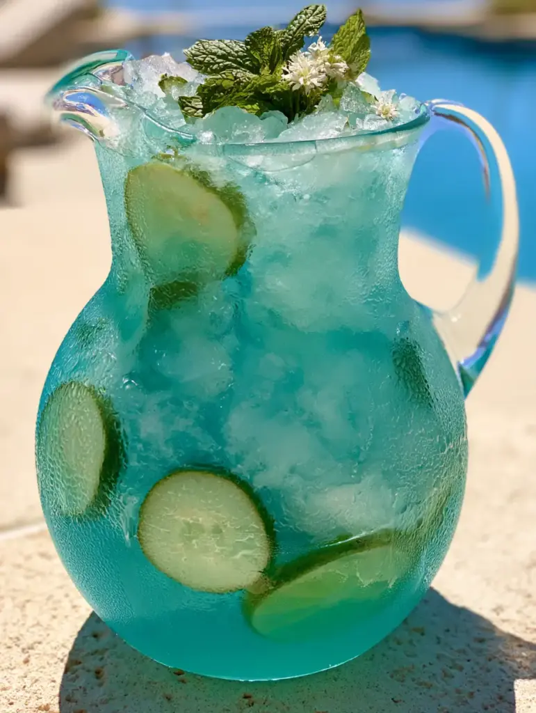 Summer Batch Cocktails: The Sparkling Strawberry and Blood Orange Pitcher 1 Top view of a summer cocktail pitcher with a lush mint bouquet and edible white flowers.