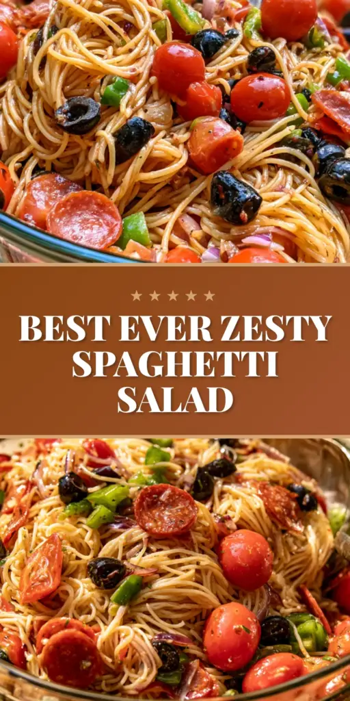 A rustic white ceramic bowl overflowing with glistening spaghetti salad, featuring thin noodles, cherry tomatoes, pepperoni, and snowy parmesan. (spaghetti salad)
