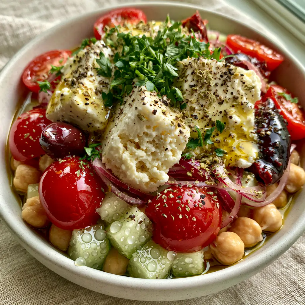 A top-down view of the Mediterranean Feta Salad showing large blocks of feta and a sprinkle of flat-leaf parsley.