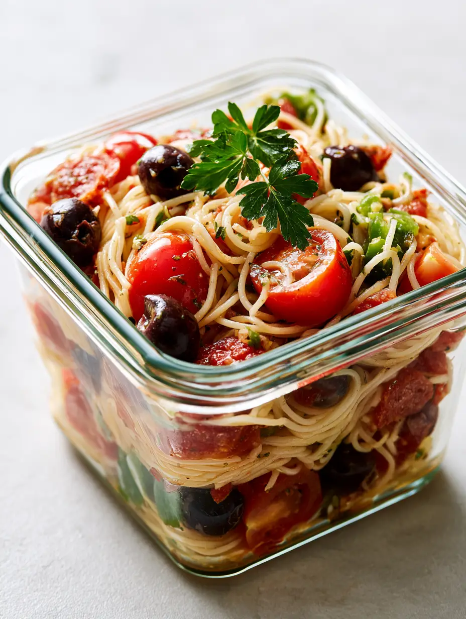 Top-down view of chilled spaghetti salad showing the distinct textures of diced green peppers and thin-sliced pepperoni. (spaghetti salad)