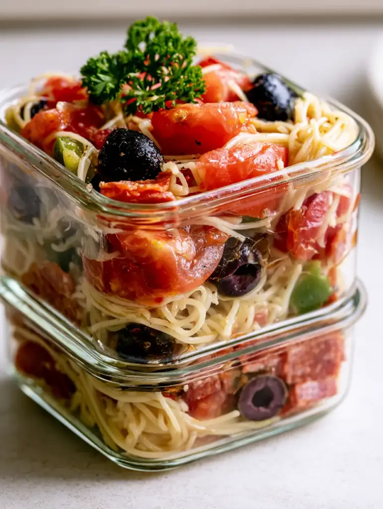 Close-up of thin spaghetti noodles coated in a translucent golden Italian vinaigrette with a dusting of parmesan. (spaghetti salad)