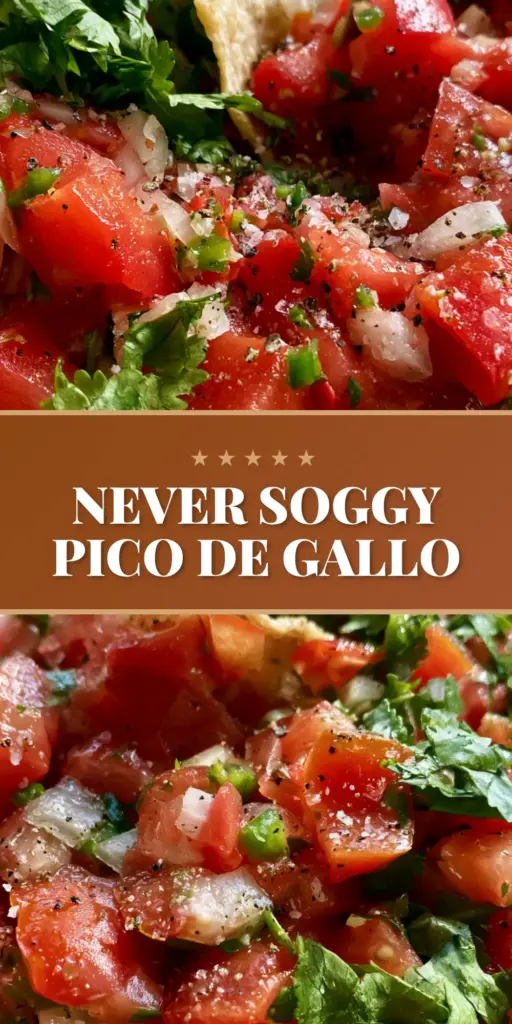An extreme close-up of a rustic clay bowl filled with chunky Pico de Gallo, featuring diced Roma tomatoes, onions, and cilantro with a corn chip dipped in.