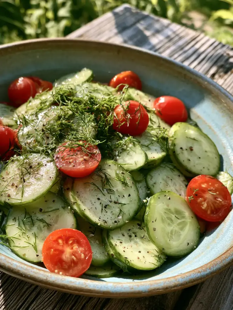 Top-down view of the dry-textured glaze adhering to cucumber rounds in a cucumber salad recipe.