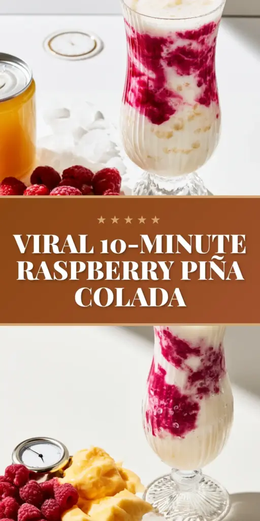 Raspberry Piña Colada: The Ultimate Swirled Tropical Frozen Mocktail 3 A tall ribbed hurricane glass filled with a frozen raspberry piña colada, featuring a white coconut base and magenta raspberry swirls, garnished with a pineapple wedge and leaf.