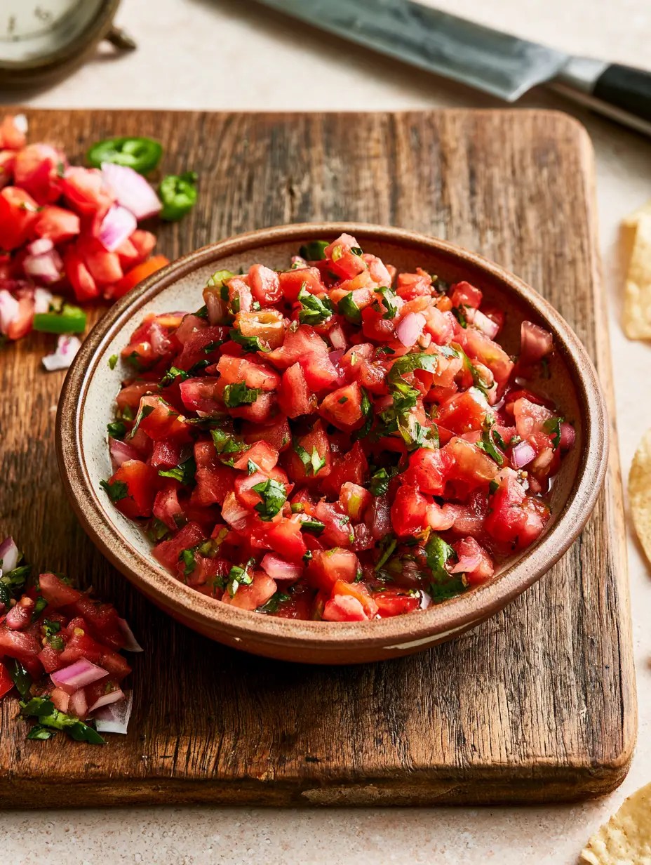 A mosaic of diced tomatoes, white onions, and minced green jalapeños dusted with sea salt flakes.