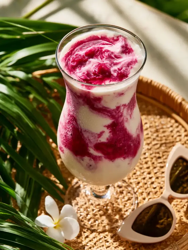 Raspberry Piña Colada: The Ultimate Swirled Tropical Frozen Mocktail 2 Close up of the velvety frozen texture and ice crystals of a raspberry piña colada in bright sunlight.