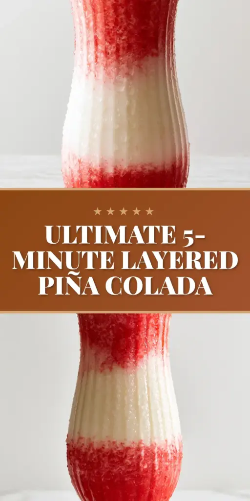 A tall ribbed hurricane glass with a layered Strawberry Piña Colada, vibrant red base, snowy-white top, garnished with pineapple and toasted coconut.