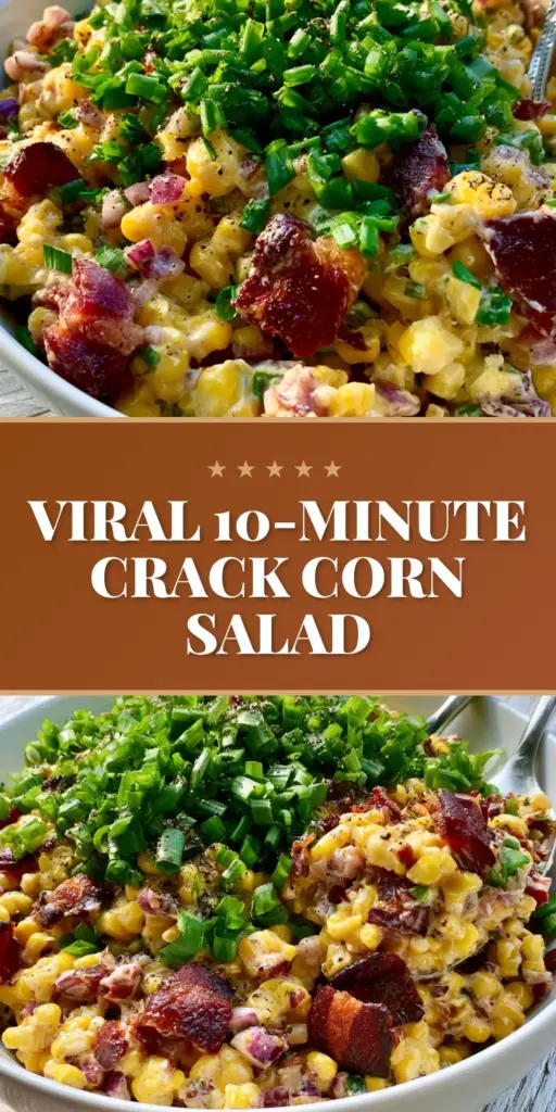 A vibrant crack corn salad in a white ceramic bowl featuring golden corn, mahogany bacon, and a forest of green scallions on a wooden table.