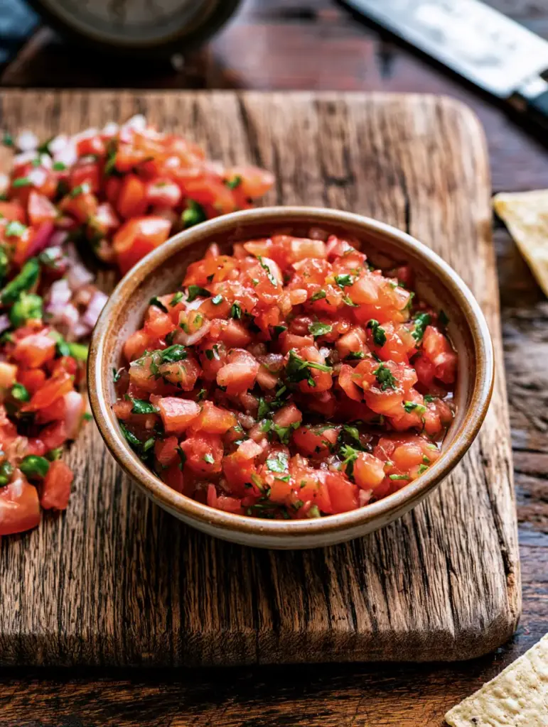 A close-up view of fresh cilantro leaves and coarse salt scattered over diced Roma tomatoes.