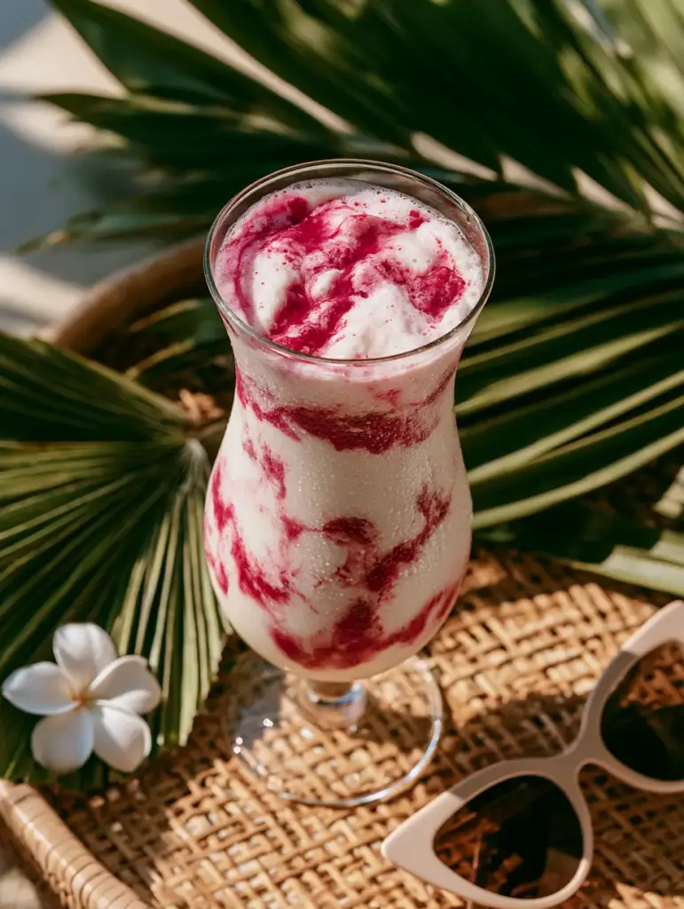 Raspberry Piña Colada: The Ultimate Swirled Tropical Frozen Mocktail 1 A handheld photo of a raspberry piña colada on a stone patio background, showing fresh garnish and condensation.