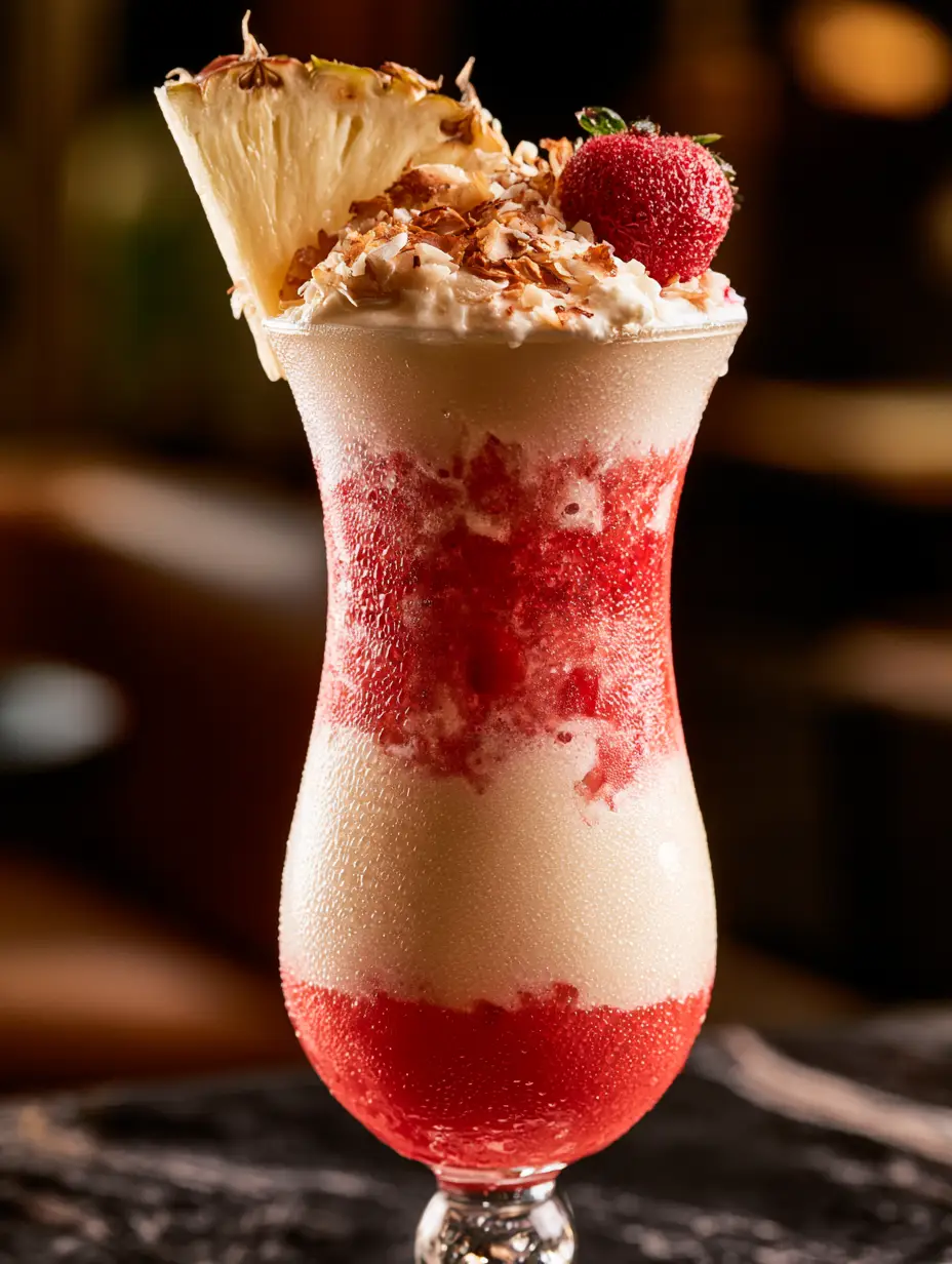 Close up of the dense, frosty texture and ice crystals of a Strawberry Piña Colada.