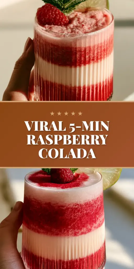 Raspberry Colada: The Ultimate Viral Layered Tropical Drink Recipe 3 A handheld smartphone photo of a layered Raspberry Colada in a ribbed glass with crimson and white layers on a stone table.