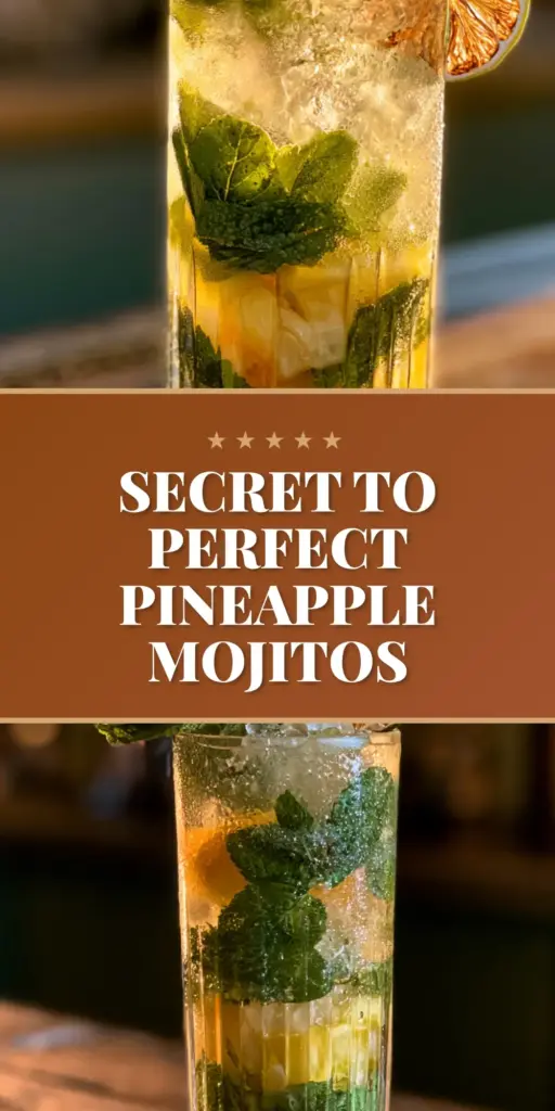 A tall ribbed glass of pineapple mojito with crushed ice, charred pineapple wedge, and a large mint bouquet on a teak table. (pineapple mojito)