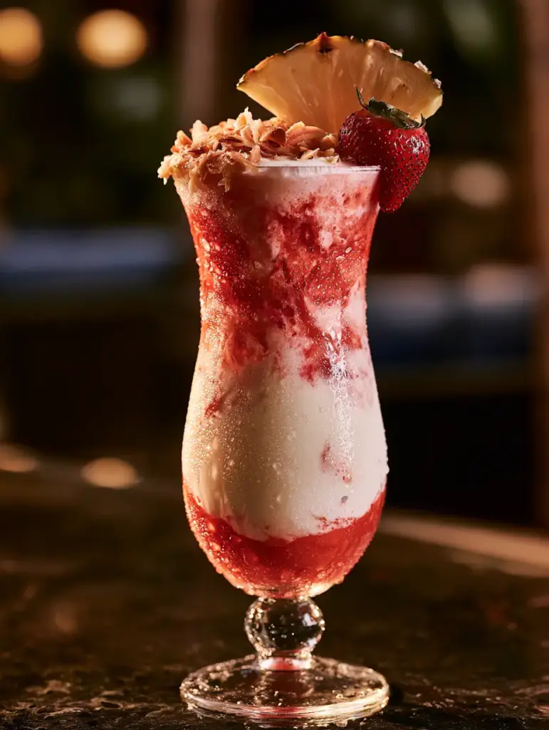 Strawberry Piña Colada with heavy condensation on a ribbed glass and toasted coconut garnish.