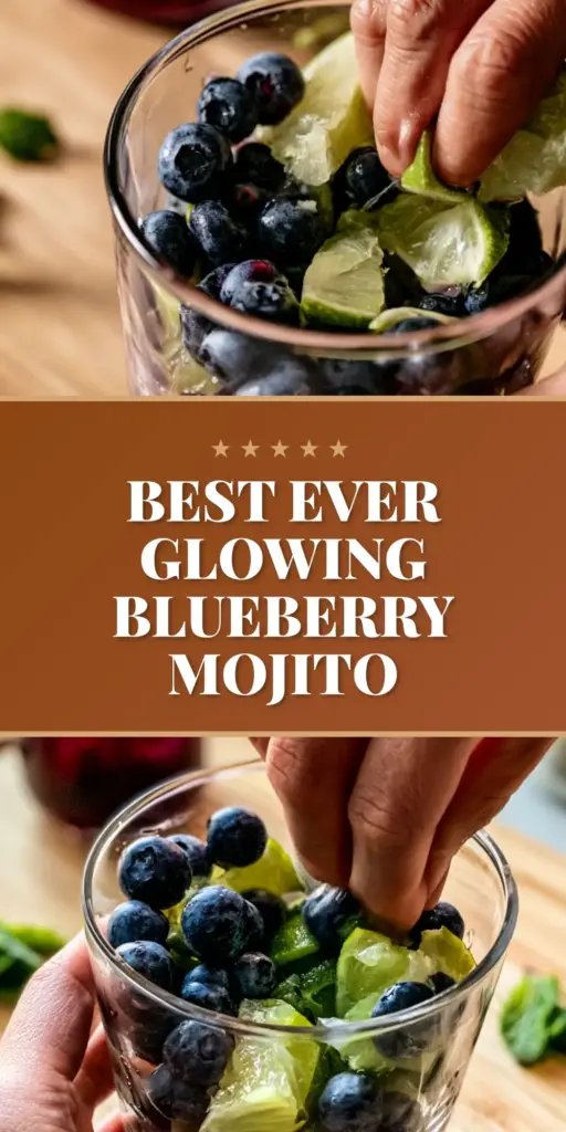 A tall highball glass featuring the layered blueberry mojito recipe with deep purple syrup bleeding into sparkling soda water and crushed ice. (blueberry mojito recipe)