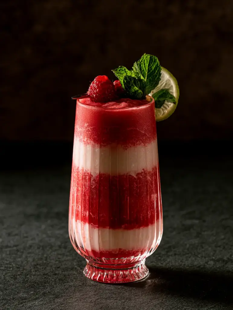Raspberry Colada: The Ultimate Viral Layered Tropical Drink Recipe 2 Close up of the crimson red frozen raspberry puree base in a ribbed glass for a Raspberry Colada.