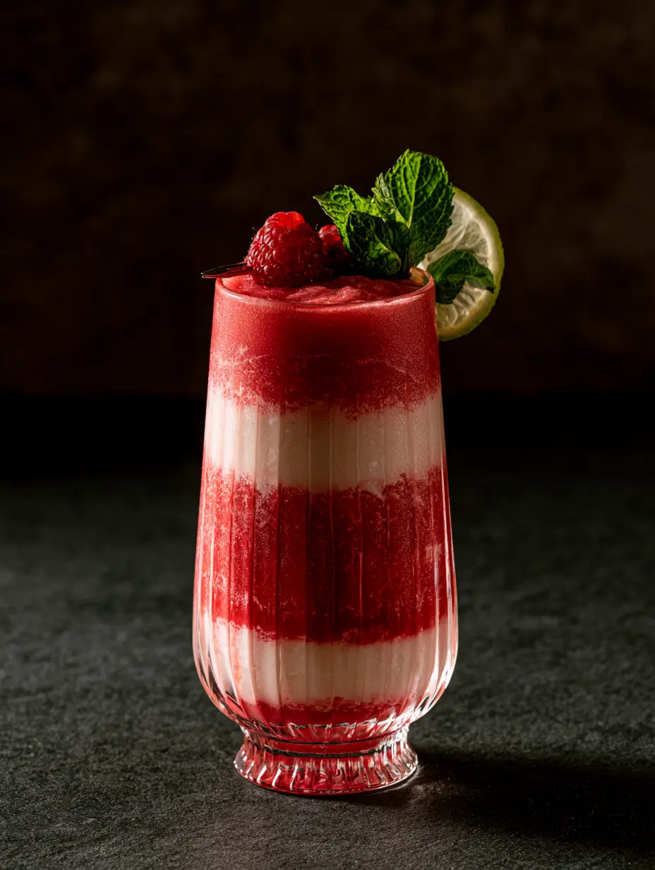 Raspberry Colada: The Ultimate Viral Layered Tropical Drink Recipe 4 Close up of the crimson red frozen raspberry puree base in a ribbed glass for a Raspberry Colada.