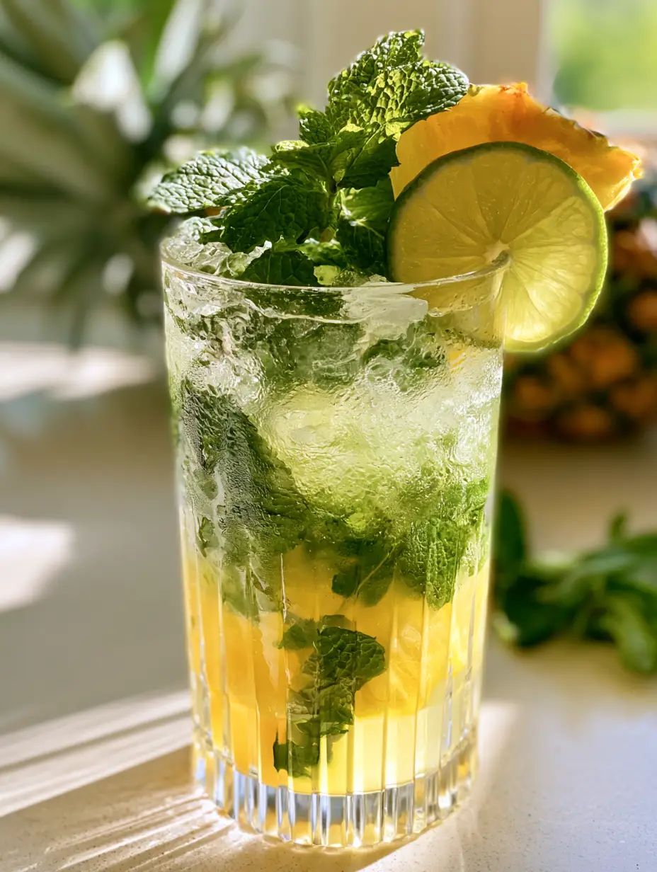 Close up of hand-cut golden pineapple chunks and fresh mint leaves being muddled for a pineapple mojito. (pineapple mojito)