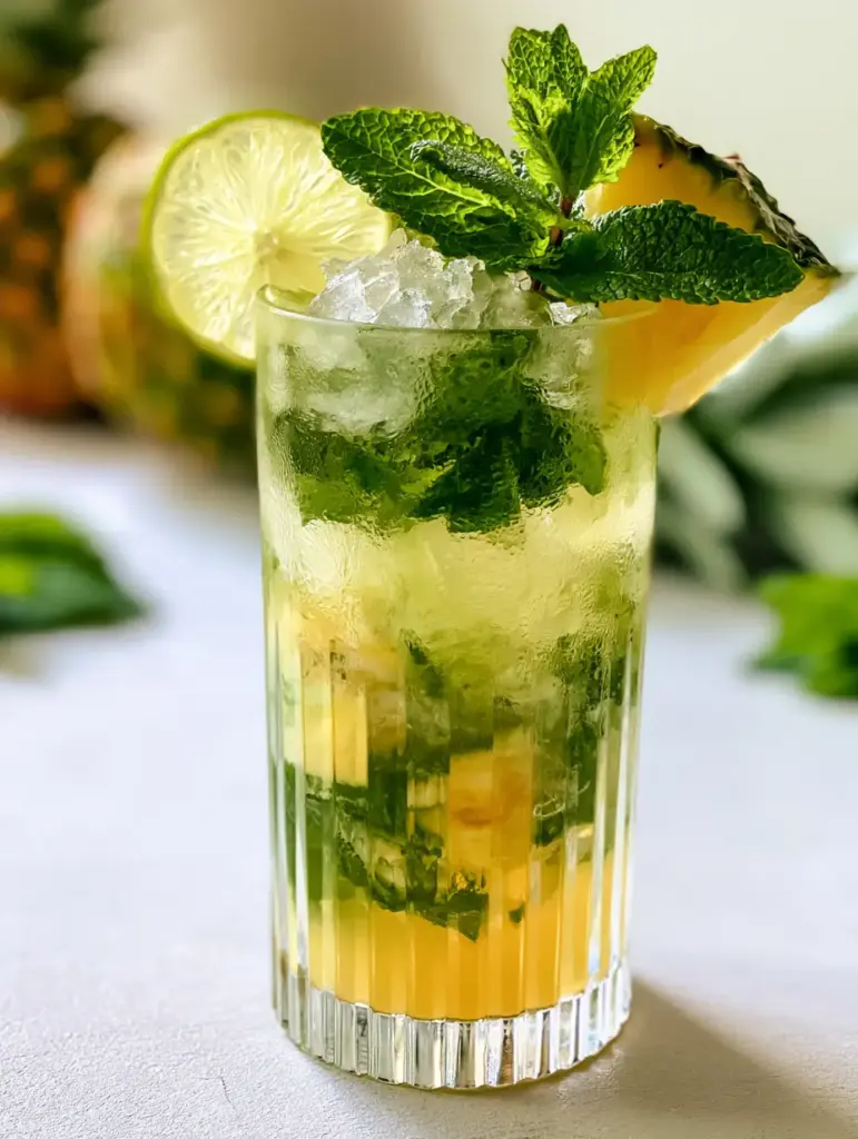 A detailed view of the charred pineapple wedge and dehydrated lime wheel garnish on a pineapple mojito.