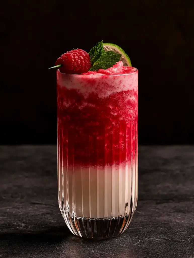 Raspberry Colada: The Ultimate Viral Layered Tropical Drink Recipe 1 Topping a Raspberry Colada with toasted coconut flakes, mint, and a lime wheel.