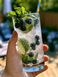 Overhead view of fresh ingredients for a blueberry mojito recipe including lime wedges, mint, and ripe berries. (blueberry mojito recipe)